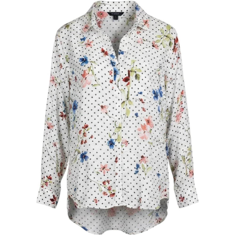 Velvet Heart Button Down Shirt Womens XL White Floral Polka Dot Rayon Owen-20619